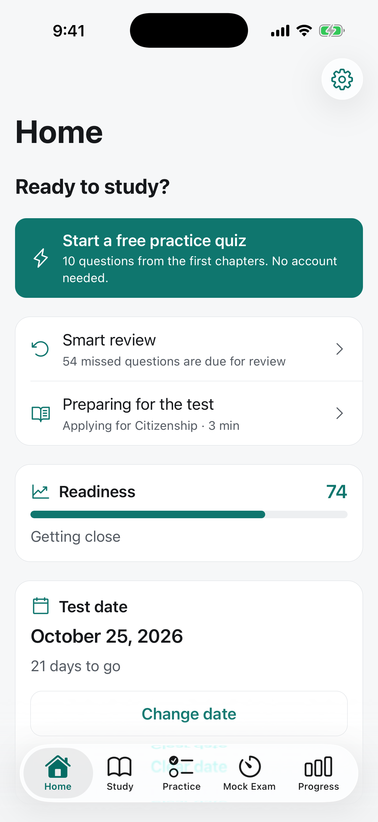 The home screen of the app showing a readiness score and a button to start a free practice quiz