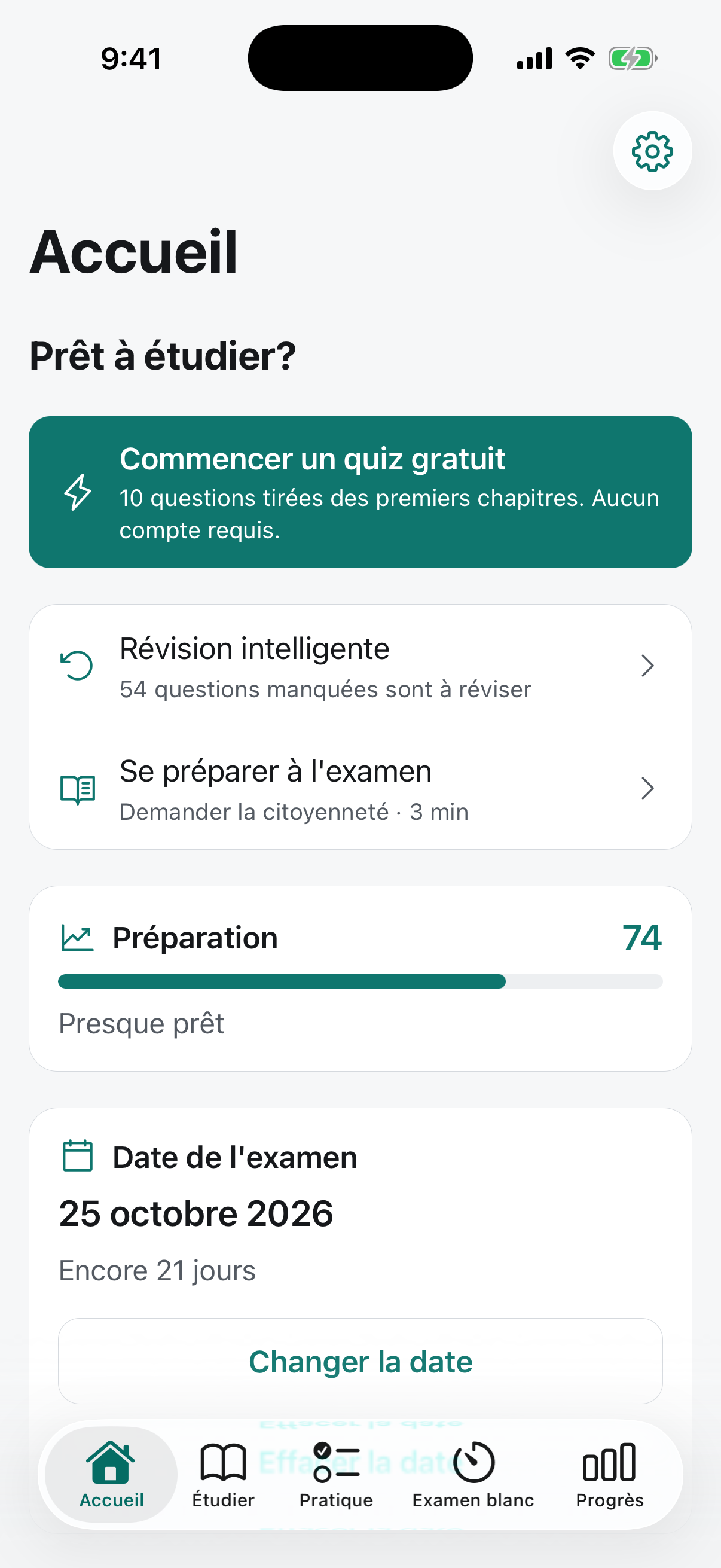 L'écran d'accueil de l'application avec un niveau de préparation et un bouton pour commencer un quiz gratuit