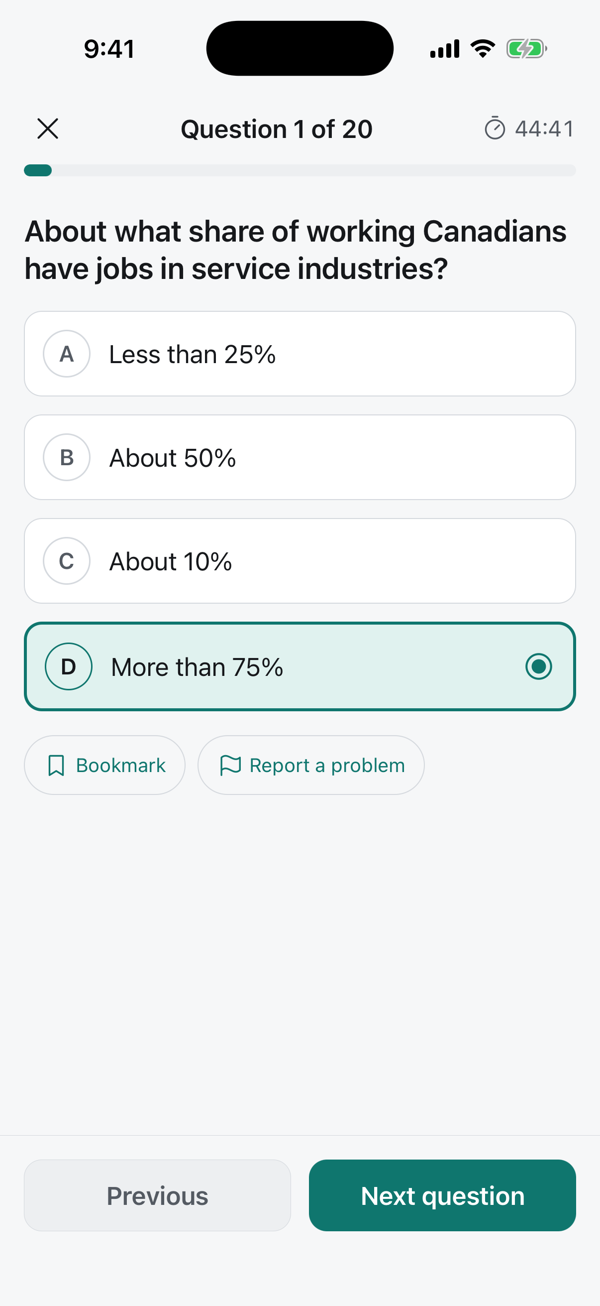 A mock exam question with four answer options and a timer
