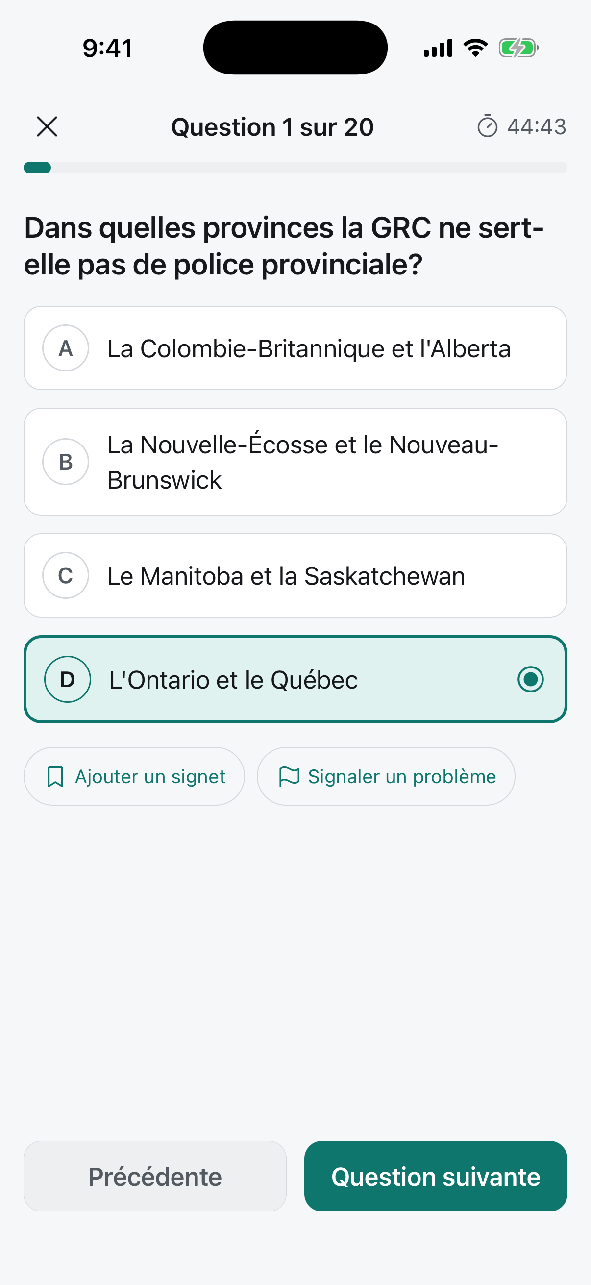 Une question d'examen type avec quatre choix de réponse et un chronomètre