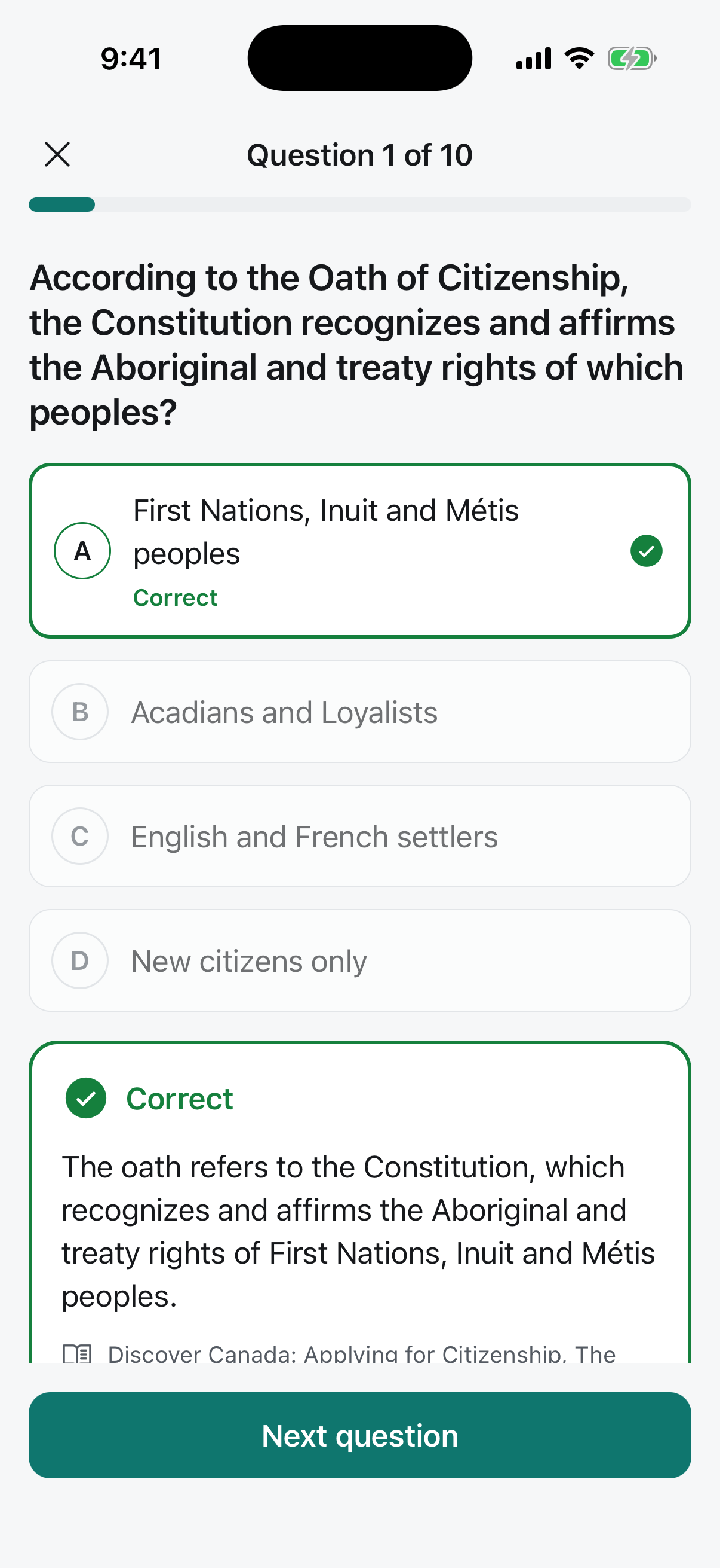A quiz question showing the correct answer and an explanation