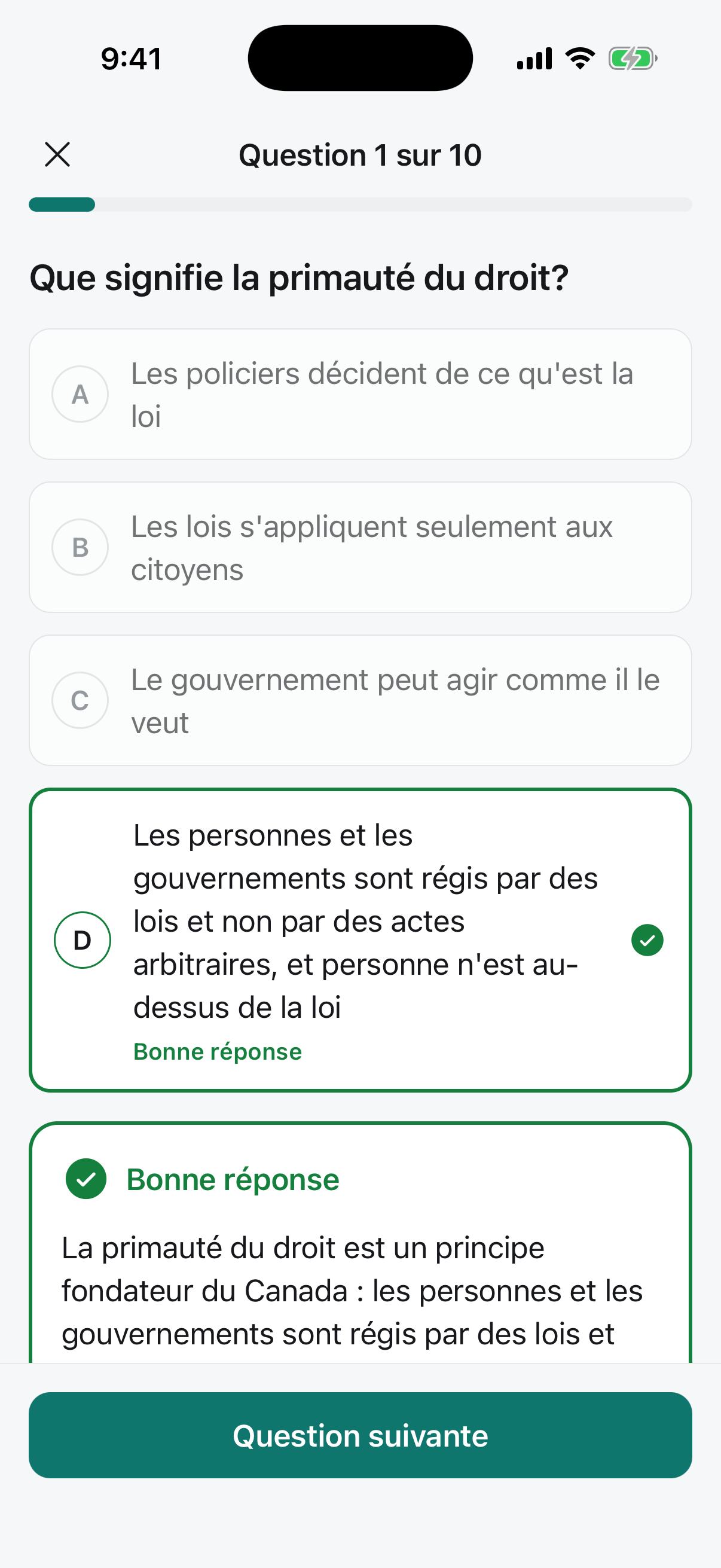Une question de quiz avec la bonne réponse et une explication
